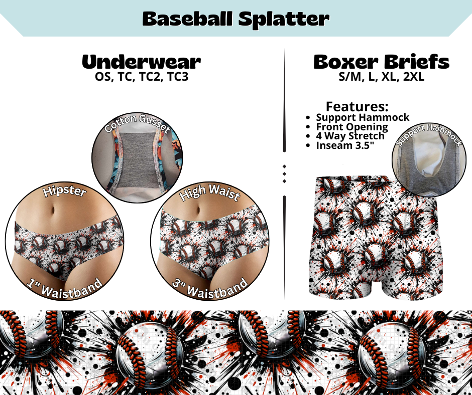 Preorder! Closes 3/13. ETA June. Baseball Splatter Hipster & High Waist Underwear & Boxer Briefs