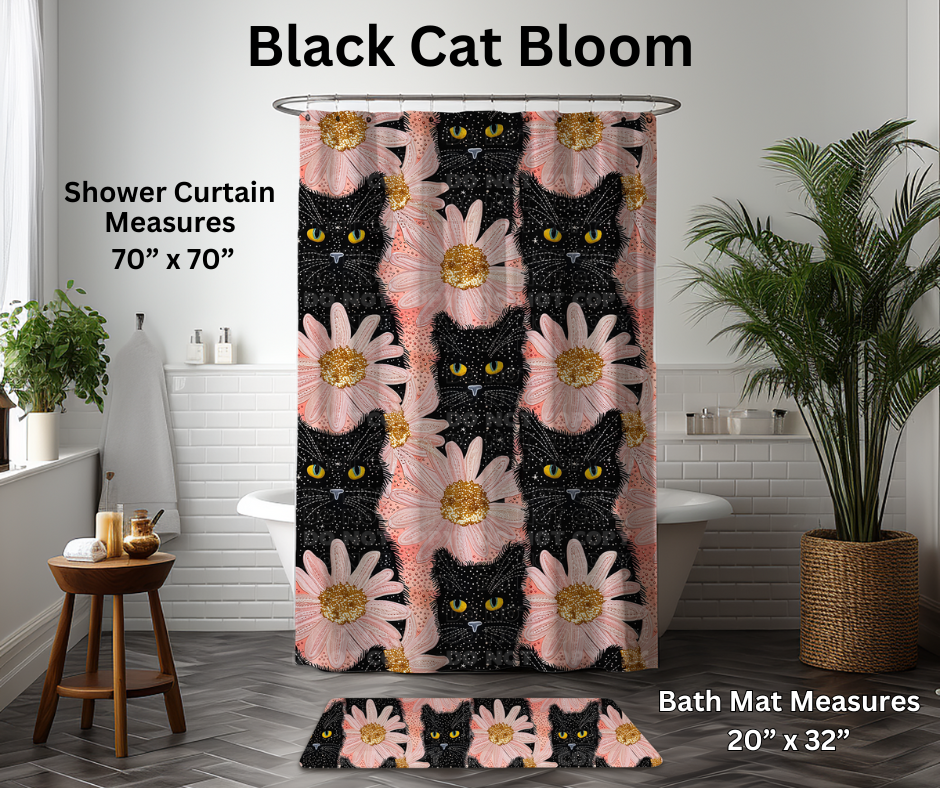 Preorder! Closes 1/6. ETA March. Black Cat Bloom Custom Shower Curtain and/or Bath Mat