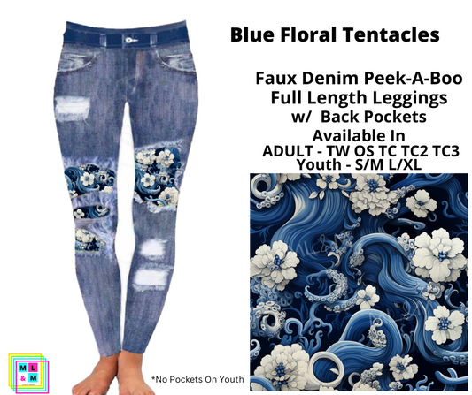 Blue Floral Tentacles Faux Denim Full Length Peekaboo Leggings