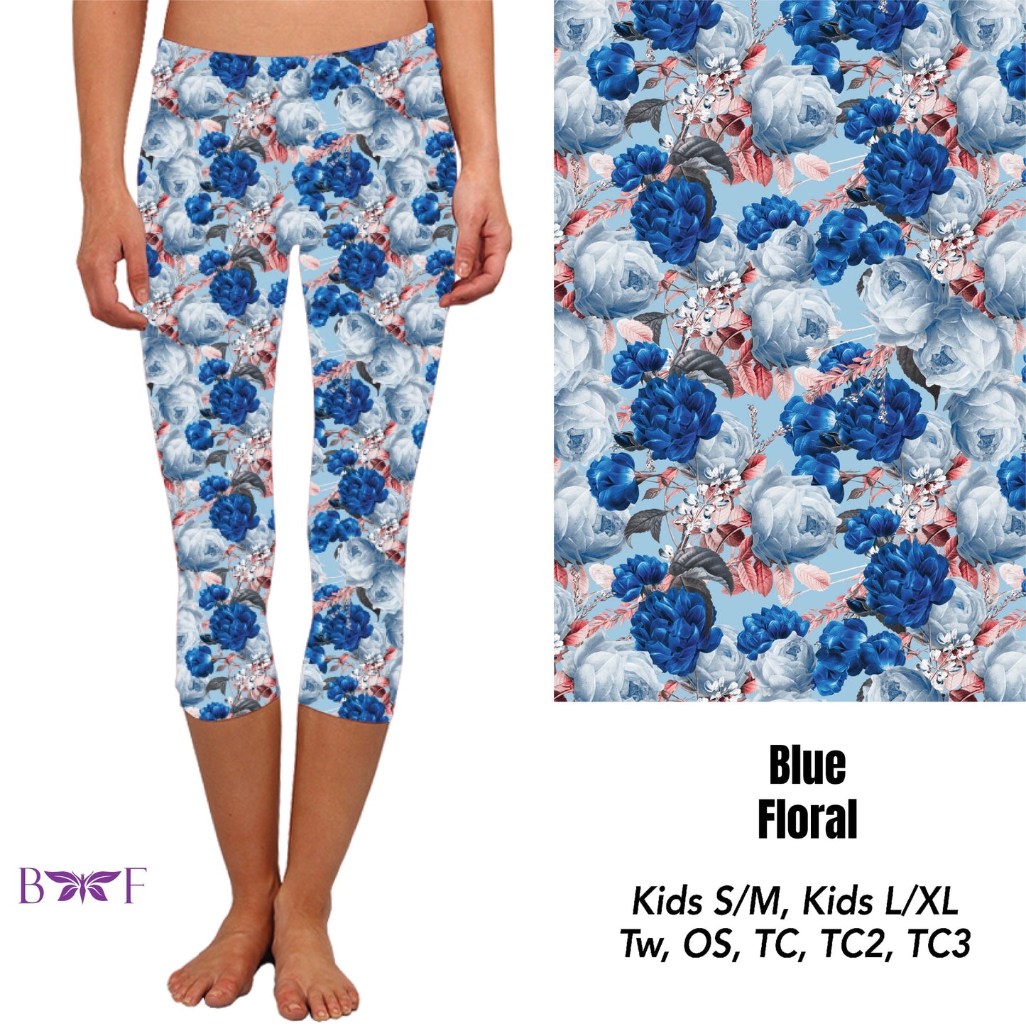 Blue Floral Leggings, Capris, and 7" Jogger Shorts