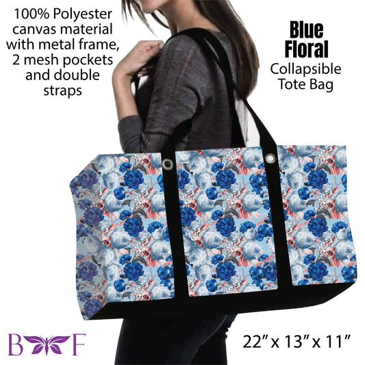 Blue Floral large Collapsible tote and 2 inside mesh pockets