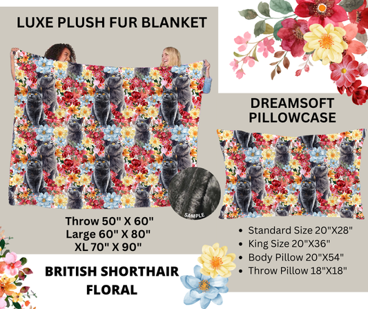 Preorder! Closes 2/24. ETA May. British Shorthair Floral Luxe Plush Fur Blanket and/or DreamSoft Pillowcase