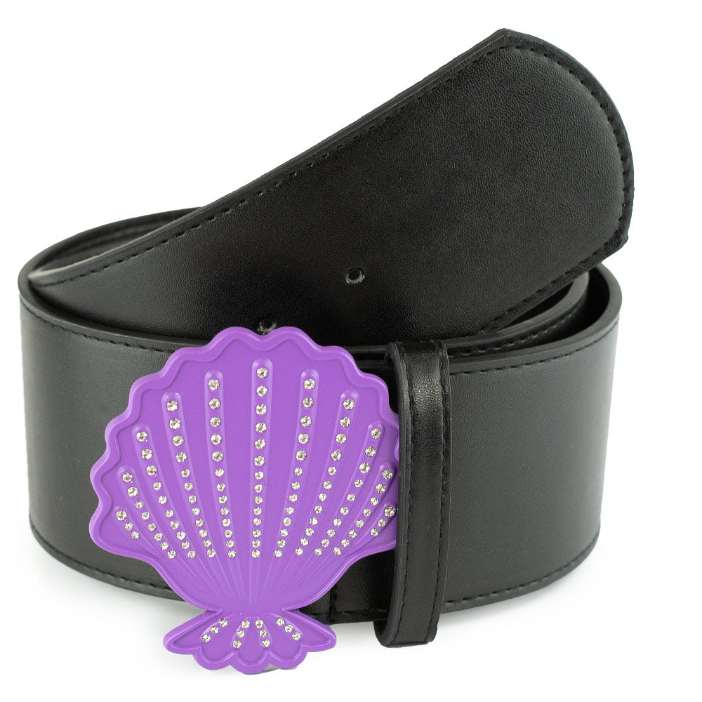 The Little Mermaid Ariel Seashell Purple with Gems Cast Buckle - Black PU Strap Belt