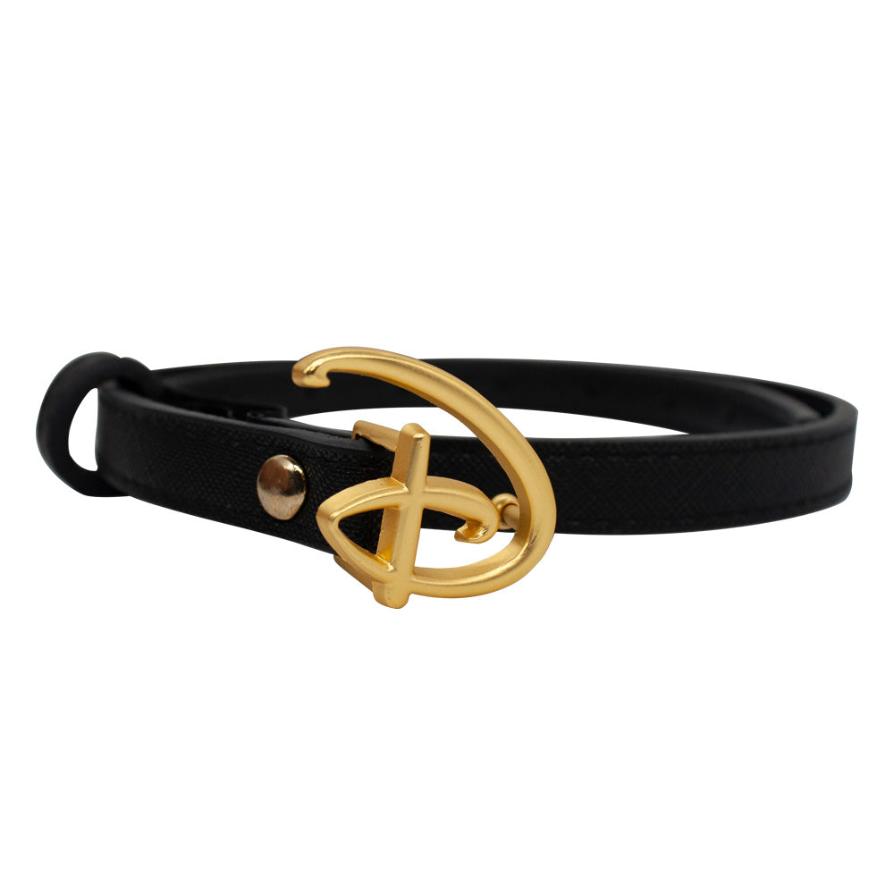 Disney Signature D Logo Gold Cast Buckle - 0.5 Inch Wide Black Vegan Leather Strap Belt