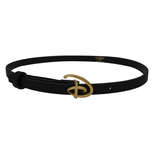 Disney Signature D Logo Gold Cast Buckle - 0.5 Inch Wide Black Vegan Leather Strap Belt