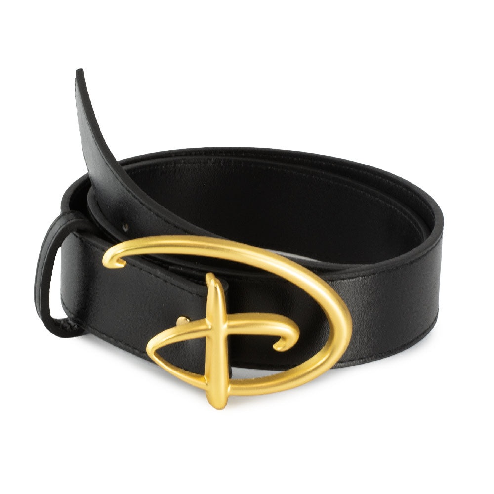 Disney Signature D Logo Gold Cast Buckle - 1.5 Inch Wide - Black PU Strap Belt