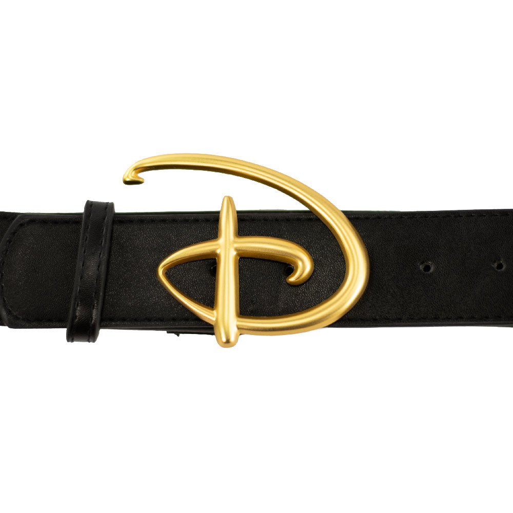 Disney Signature D Logo Gold Cast Buckle - 1.5 Inch Wide - Black PU Strap Belt