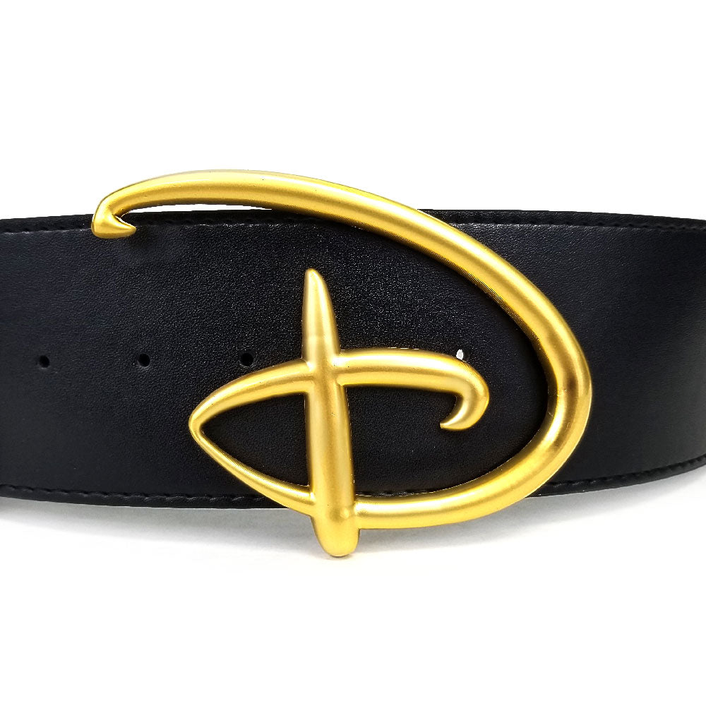 Disney Signature D Logo Gold Enamel Cast Buckle - Black PU Strap Belt