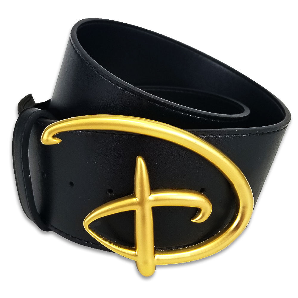 Disney Signature D Logo Gold Enamel Cast Buckle - Black PU Strap Belt