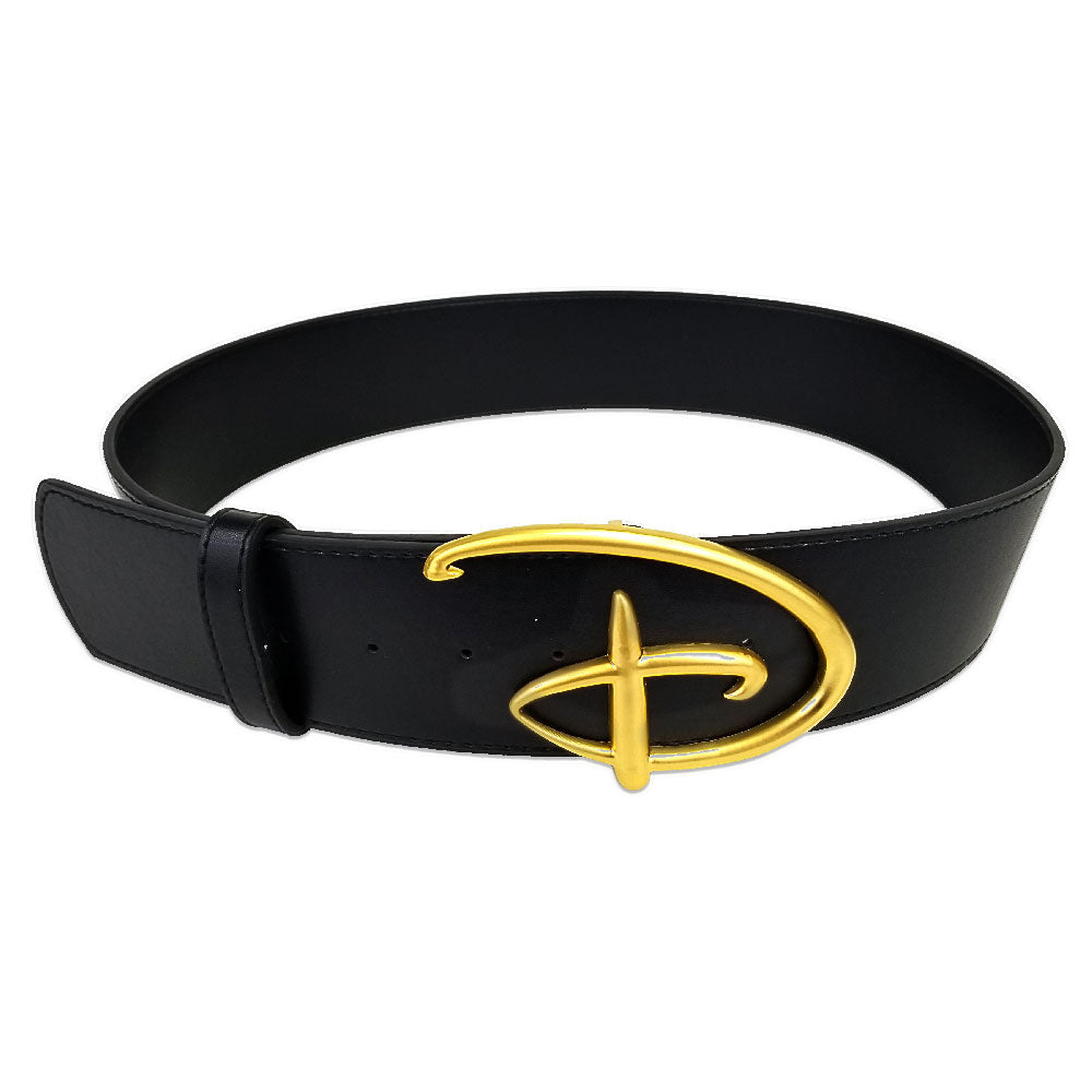 Disney Signature D Logo Gold Enamel Cast Buckle - Black PU Strap Belt