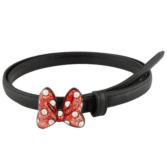 Minnie Mouse Glitter Bow Enamel Cast Buckle - Black Patent PU Strap Belt