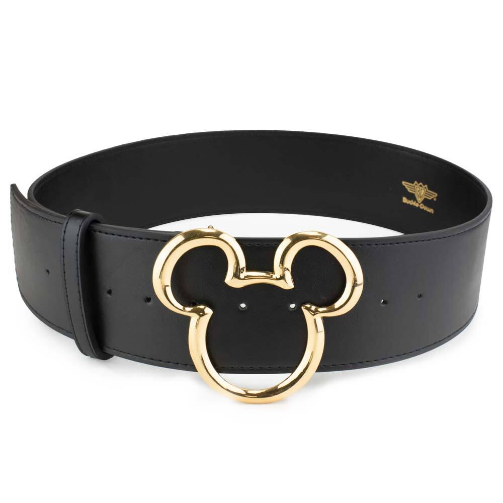 Mickey Ears Outline Gold Cast Buckle - Black PU Strap Belt