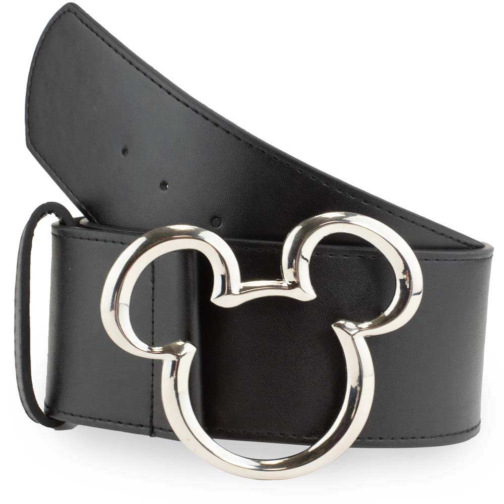 Mickey Ears Outline Silver Cast Buckle - Black PU Strap Belt