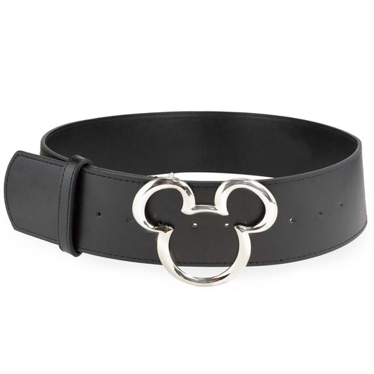 Mickey Ears Outline Silver Cast Buckle - Black PU Strap Belt