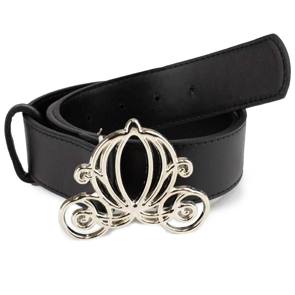 Cinderella Carriage Silver Cast Buckle - Black PU Strap Belt