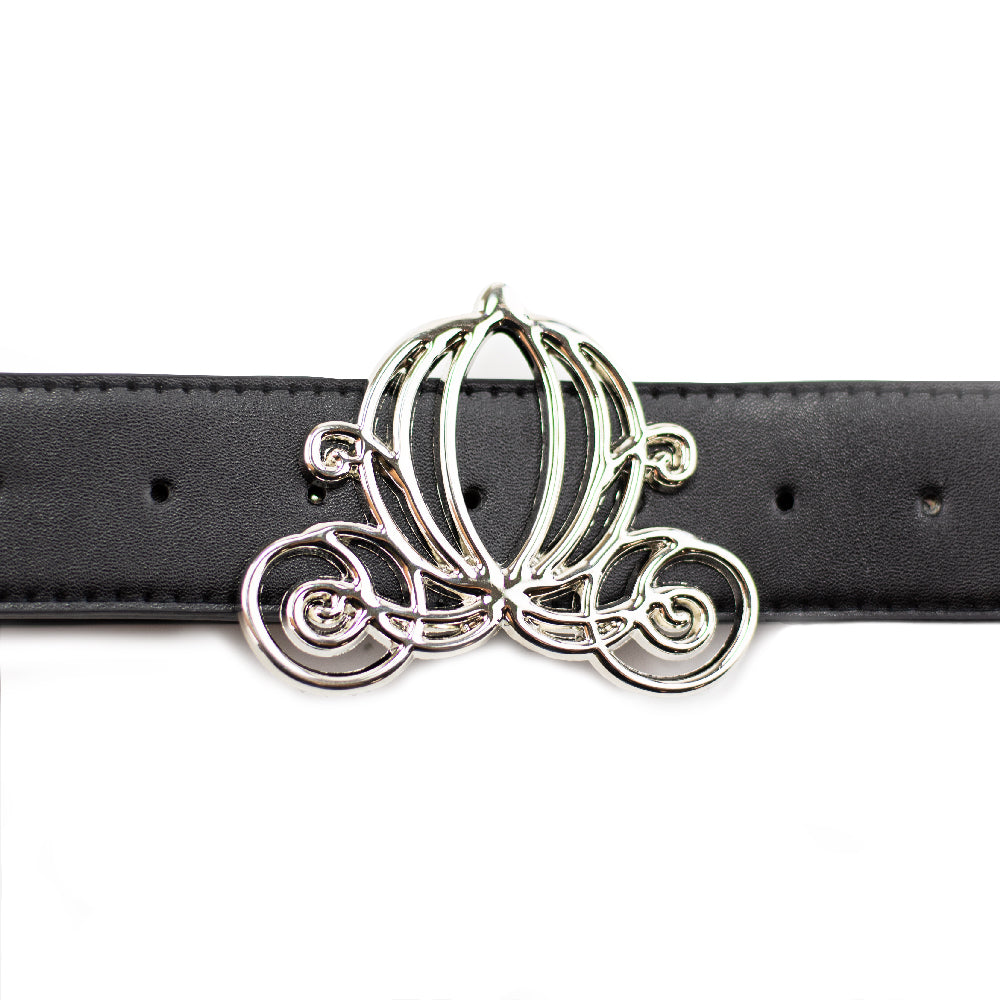 Cinderella Carriage Silver Cast Buckle - Black PU Strap Belt