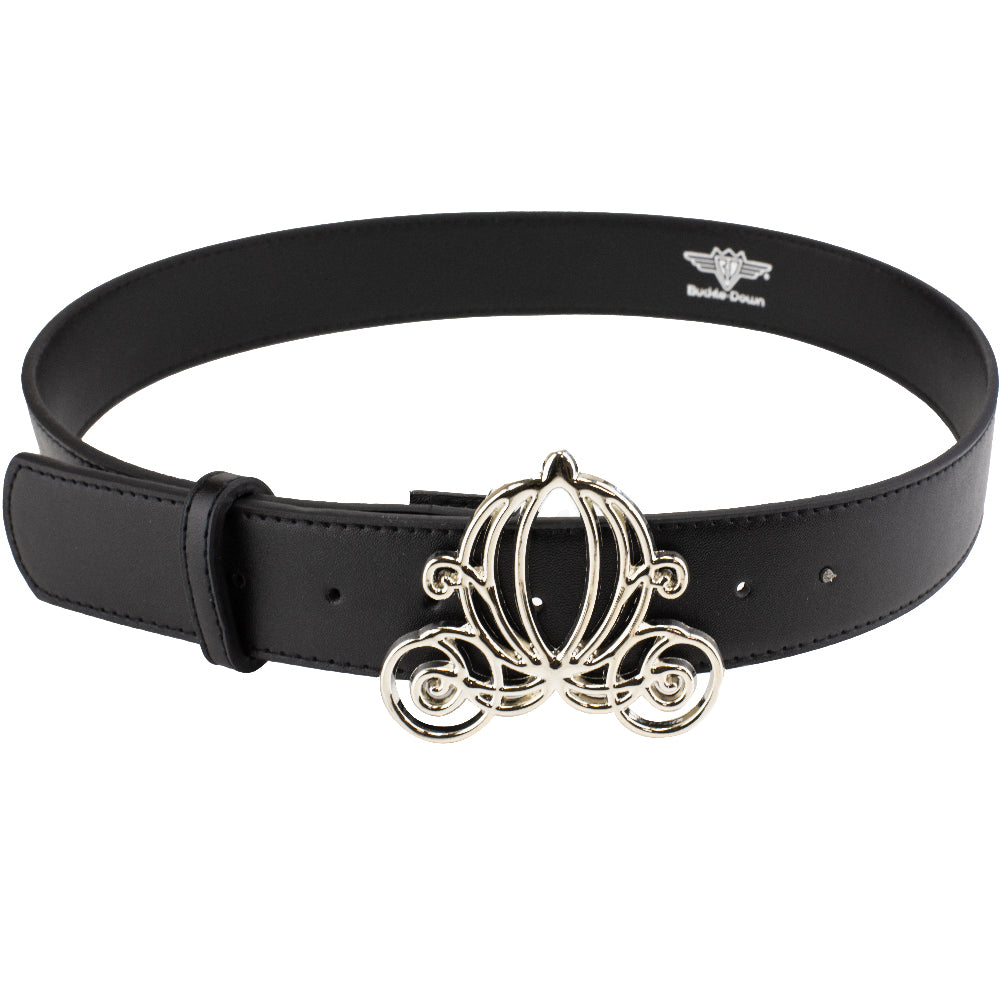 Cinderella Carriage Silver Cast Buckle - Black PU Strap Belt