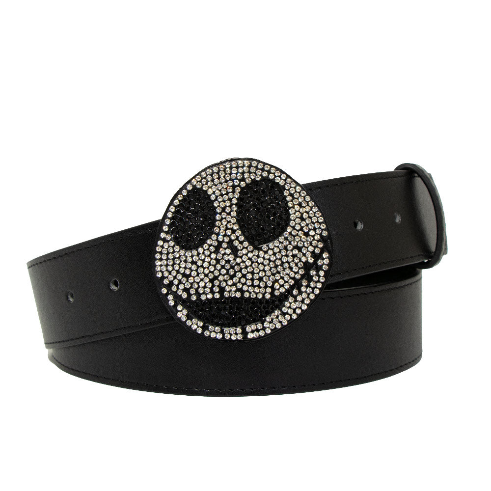 Nightmare Before Christmas Jack Face Crystal Rhinestone Cast Buckle - Black PU Strap Belt