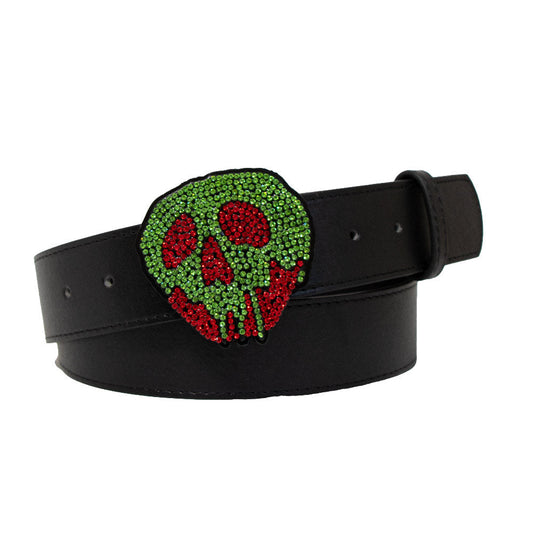 Snow White Poison Apple Crystal Rhinestone Cast Buckle - Black PU Strap Belt