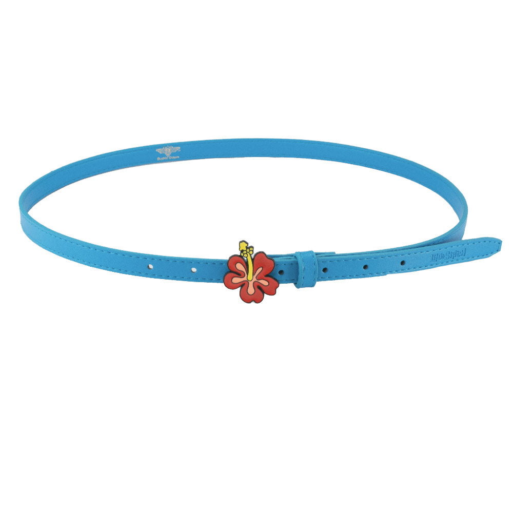 Lilo and Stitch Hibiscus Flower Enamel Cast Buckle - Shiny Blue Pebble PU Strap Belt