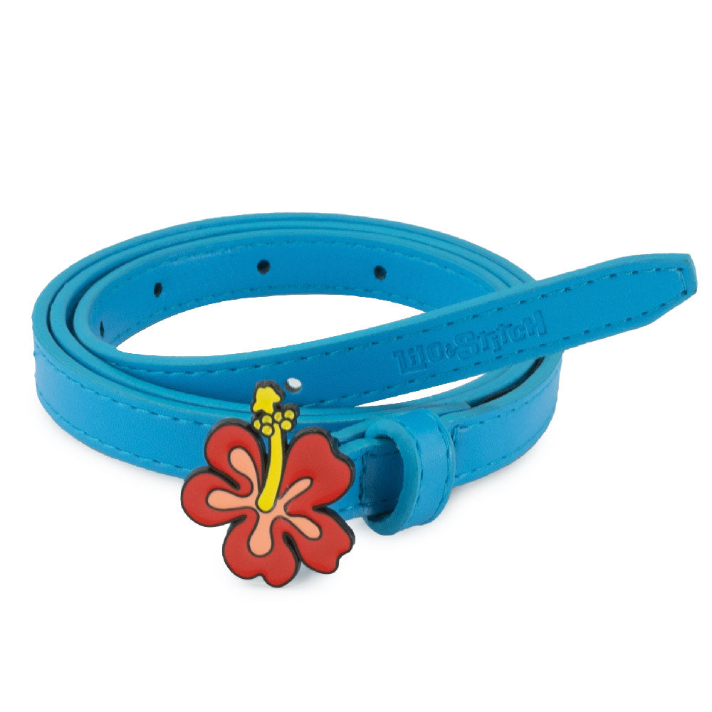 Lilo and Stitch Hibiscus Flower Enamel Cast Buckle - Shiny Blue Pebble PU Strap Belt