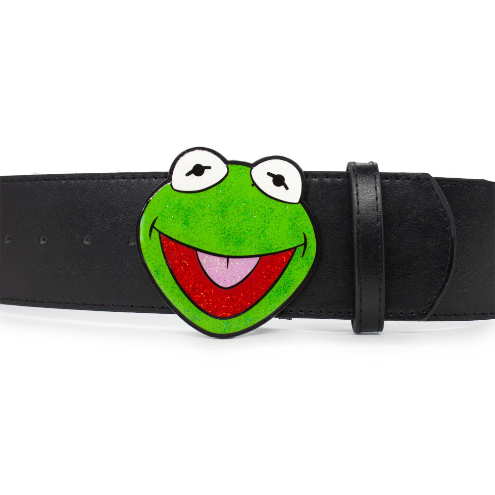 The Muppets Kermit the Frog Glitter Enamel Cast Buckle - 2.75 Inch Wide Black PU Strap Belt