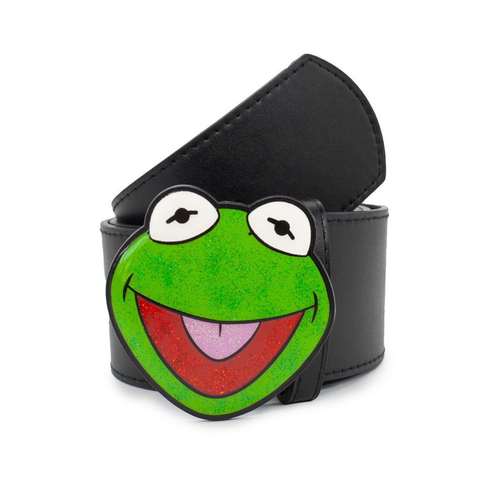 The Muppets Kermit the Frog Glitter Enamel Cast Buckle - 2.75 Inch Wide Black PU Strap Belt