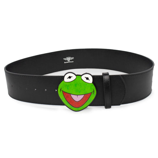 The Muppets Kermit the Frog Glitter Enamel Cast Buckle - 2.75 Inch Wide Black PU Strap Belt