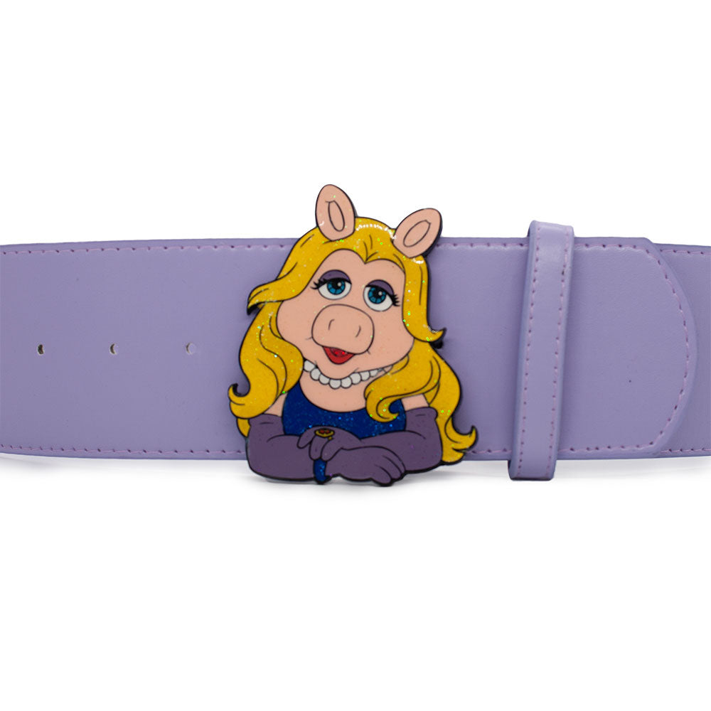 The Muppets Miss Piggy Pose Glitter Enamel Cast Buckle - 2.75 Inch Wide Lavender PU Strap Belt