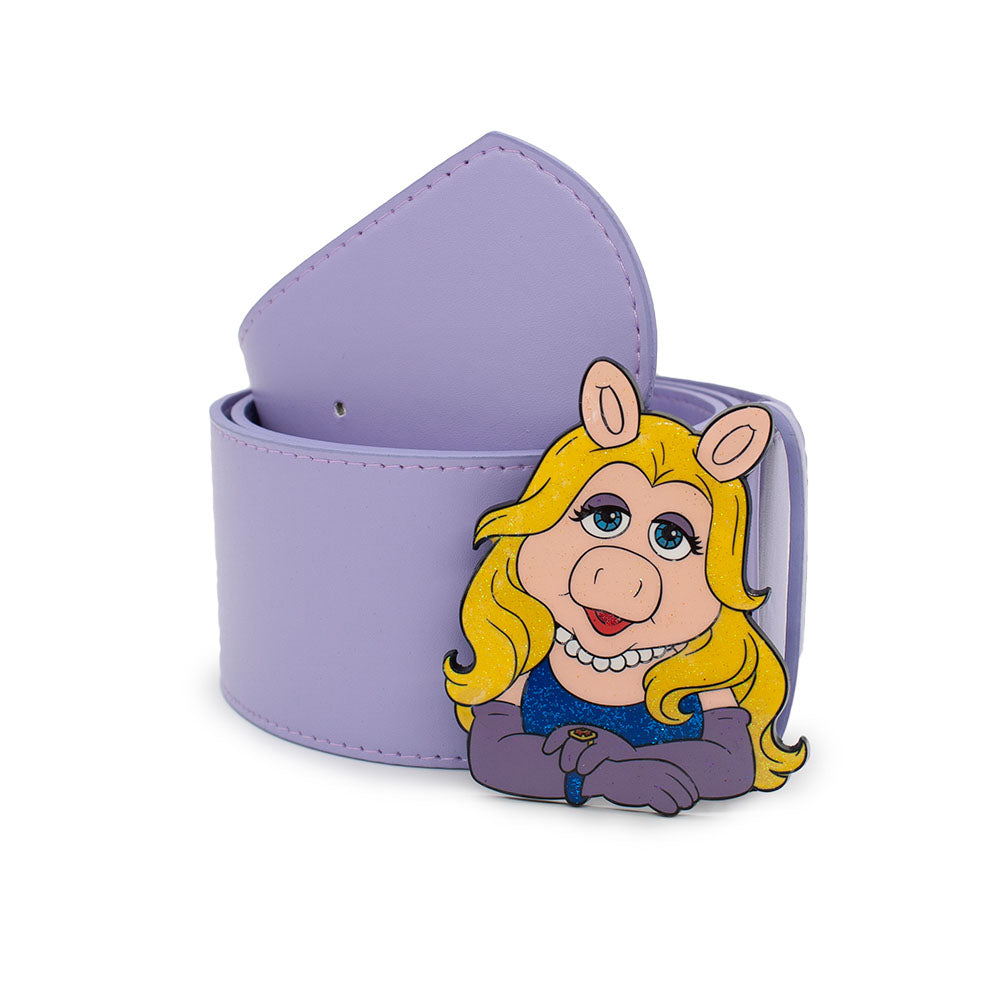 The Muppets Miss Piggy Pose Glitter Enamel Cast Buckle - 2.75 Inch Wide Lavender PU Strap Belt