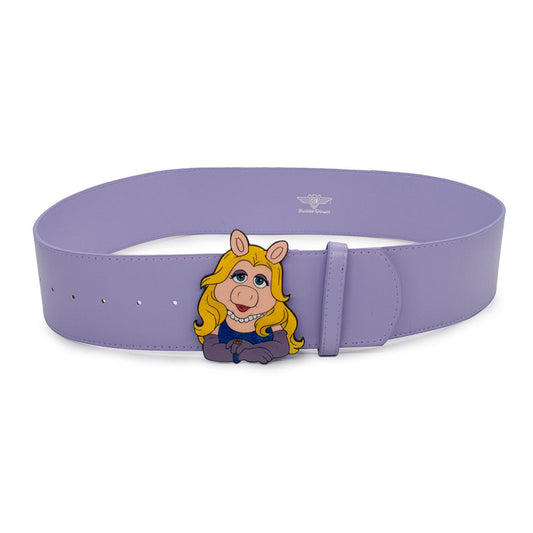 The Muppets Miss Piggy Pose Glitter Enamel Cast Buckle - 2.75 Inch Wide Lavender PU Strap Belt