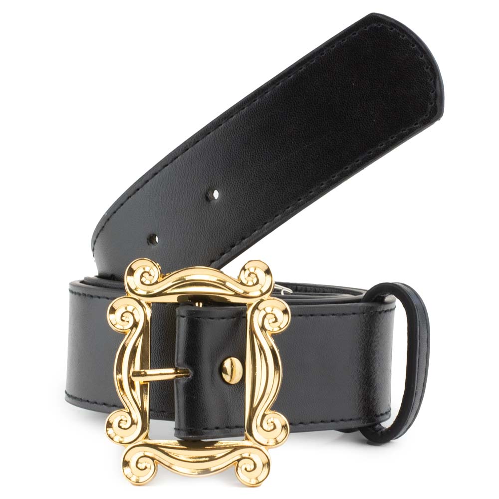 Friends Monica's Peephole Frame Gold Cast Buckle - Black PU Strap Belt