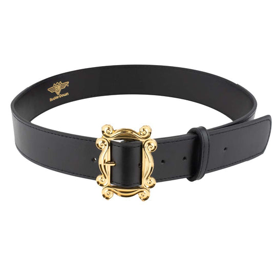 Friends Monica's Peephole Frame Gold Cast Buckle - Black PU Strap Belt