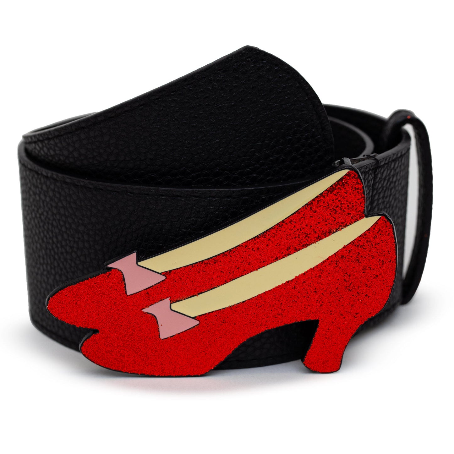 The Wizard of Oz Dorothy's Ruby Red Glitter Slippers Enamel Cast Buckle - Black PU Strap Belt