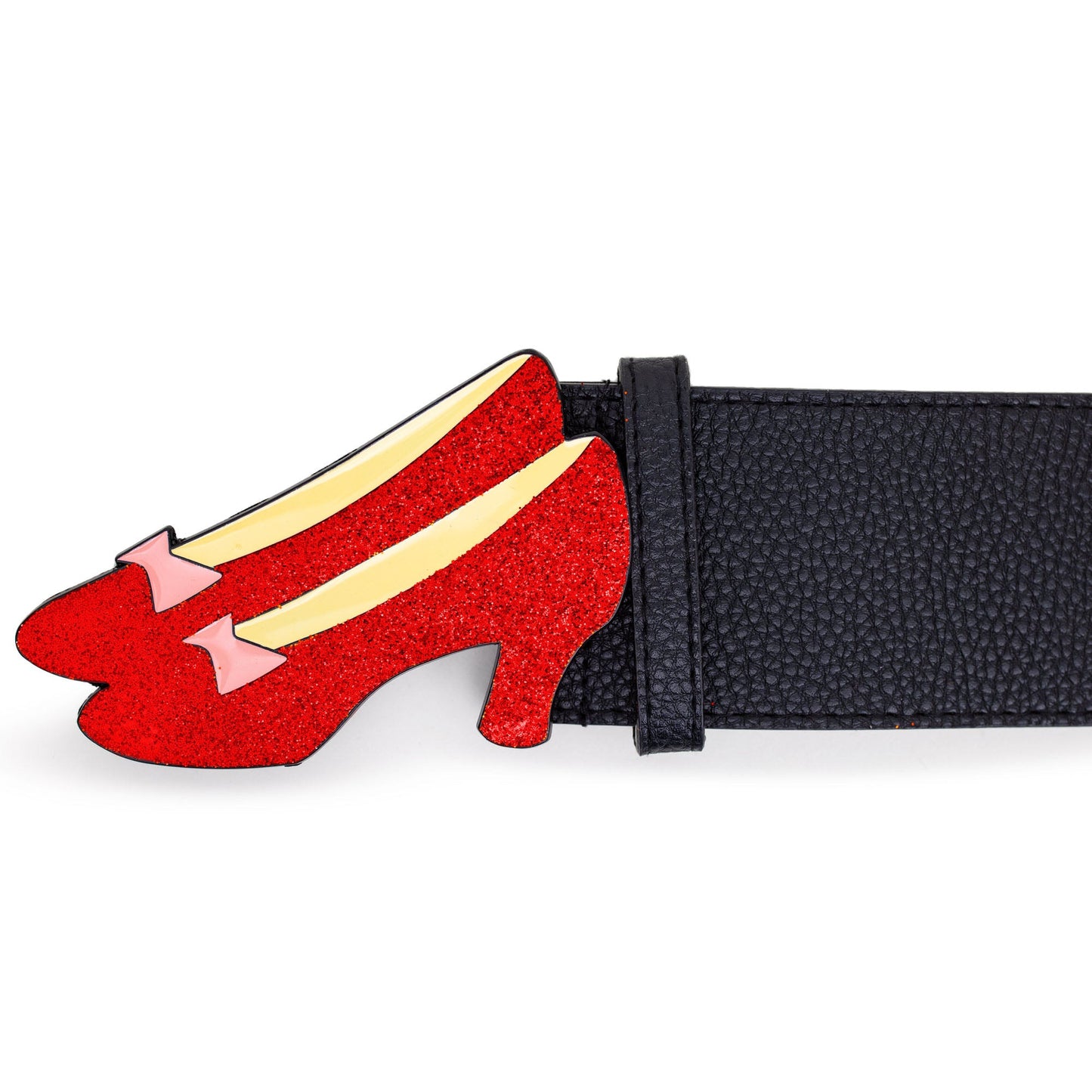 The Wizard of Oz Dorothy's Ruby Red Glitter Slippers Enamel Cast Buckle - Black PU Strap Belt