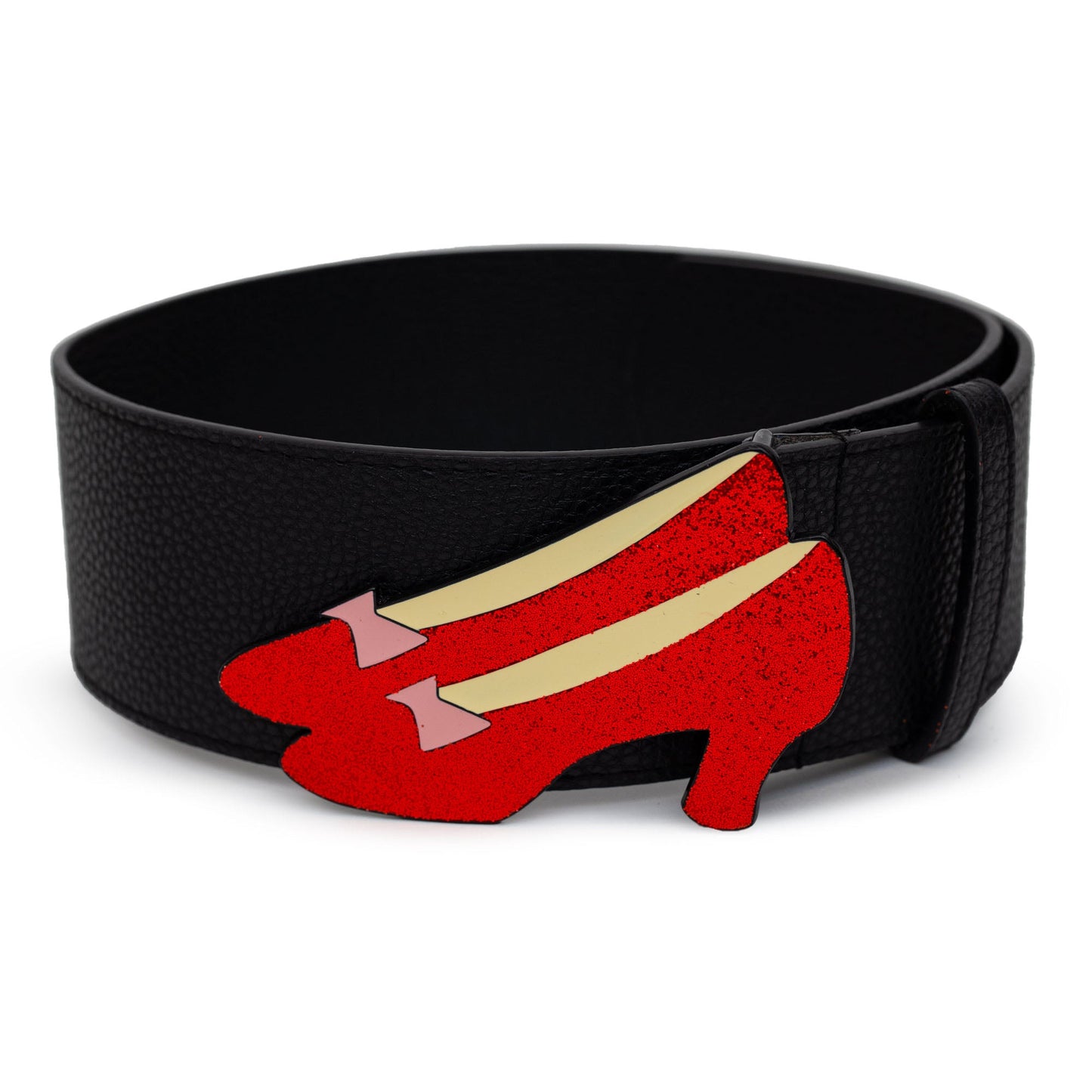 The Wizard of Oz Dorothy's Ruby Red Glitter Slippers Enamel Cast Buckle - Black PU Strap Belt