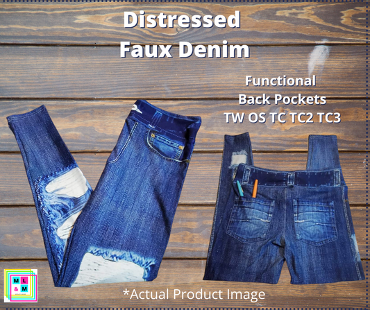 Distressed Faux Denim Full Length Leggings