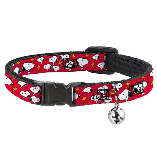 Breakaway Cat Collar with Bell - Peanuts Snoopy and Woodstock Poses Scattered Red