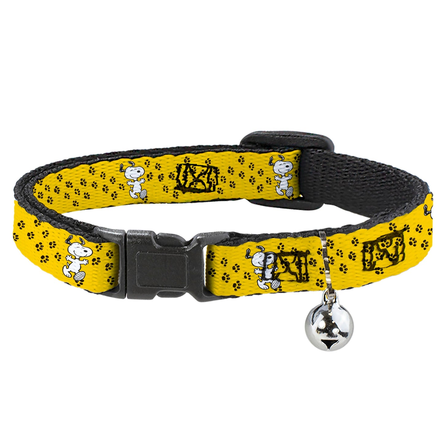 Breakaway Cat Collar with Bell - Peanuts Snoopy Smiling Pose/Paw Print Yellow/Black/White