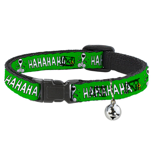 Breakaway Cat Collar with Bell - Peanuts Snoopy and Woodstock Laughing HAHA Pose Green