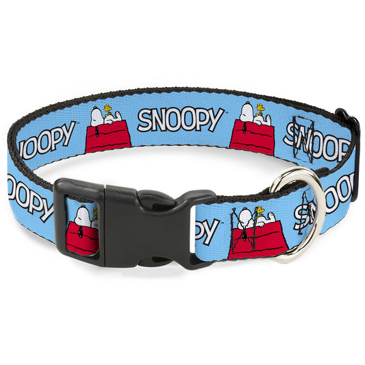 Plastic Clip Collar - Peanuts Snoopy and Woodstock Dog House Pose and Text Sky Blue