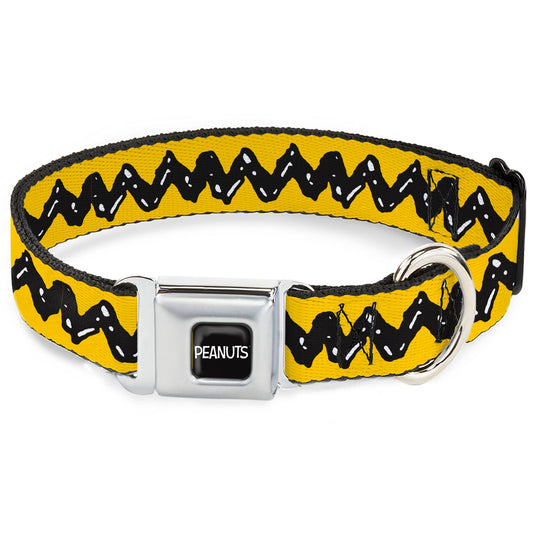 PEANUTS Title Logo Full Color Black/White Seatbelt Buckle Collar - Peanuts Charlie Brown Zig Zag Stripe Yellow/Black