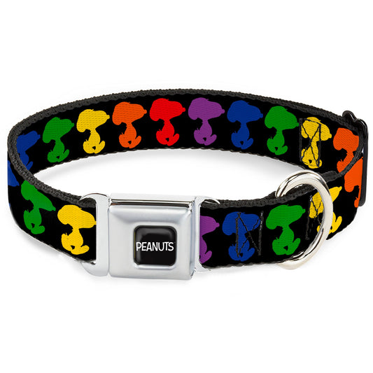 PEANUTS Title Logo Full Color Black/White Seatbelt Buckle Collar - Peanuts Snoopy Silhoutte Pose Black/Rainbow Multi Color