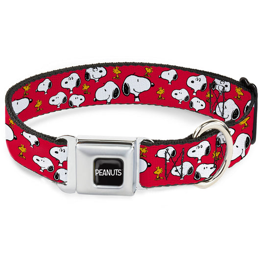 PEANUTS Title Logo Full Color Black/White Seatbelt Buckle Collar - Peanuts Snoopy and Woodstock Poses Scattered Red