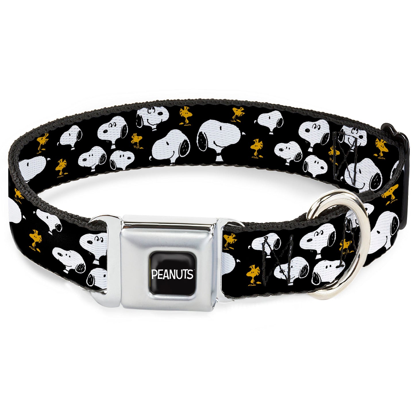 PEANUTS Title Logo Full Color Black/White Seatbelt Buckle Collar - Peanuts Snoopy and Woodstock Poses Scattered Black