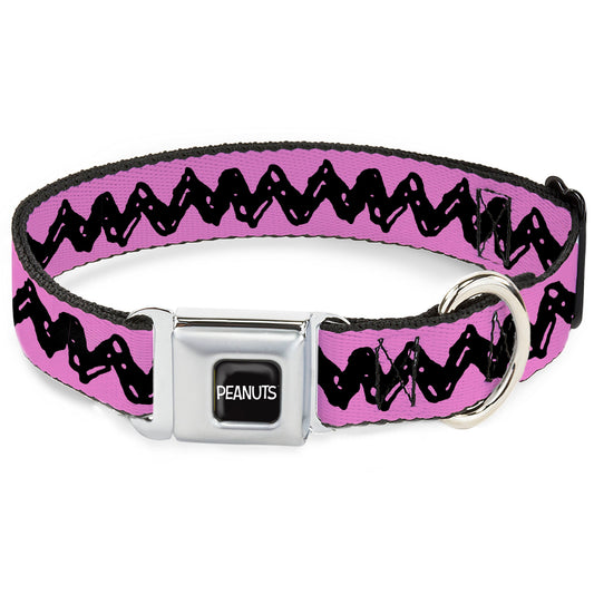 PEANUTS Title Logo Full Color Black/White Seatbelt Buckle Collar - Peanuts Charlie Brown Zig Zag Stripe Pink/Black