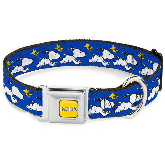 PEANUTS Title Logo Full Color Yellow/White Seatbelt Buckle Collar - Peanuts Snoopy Running and Woodstock Pose Blue