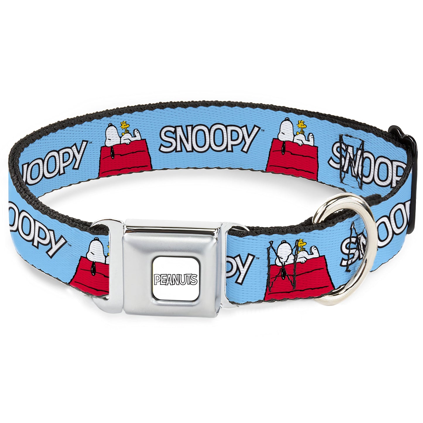 PEANUTS Title Logo Full Color Gray/White Seatbelt Buckle Collar - Peanuts Snoopy and Woodstock Dog House Pose and Text Sky Blue