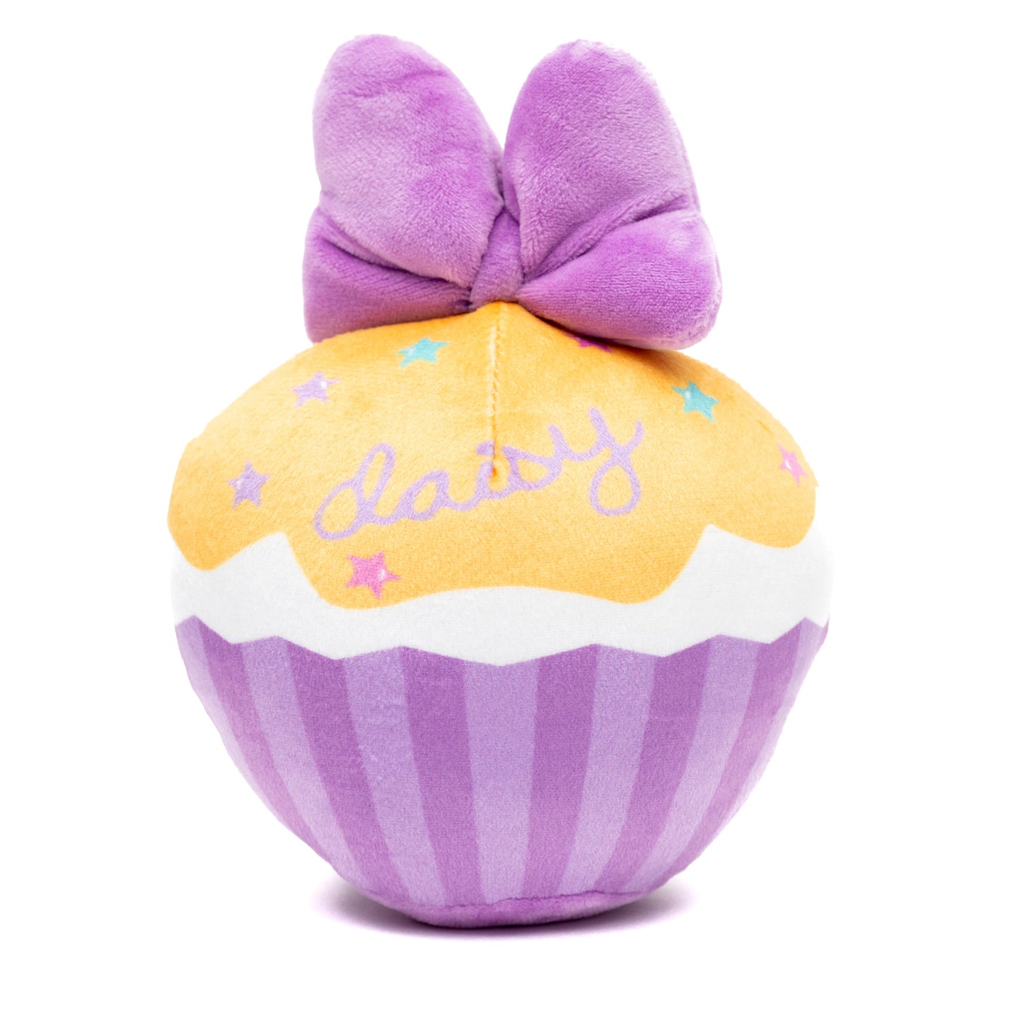 Dog Toy Squeaker Plush - Daisy Duck Script Cupcake with Pink Bow