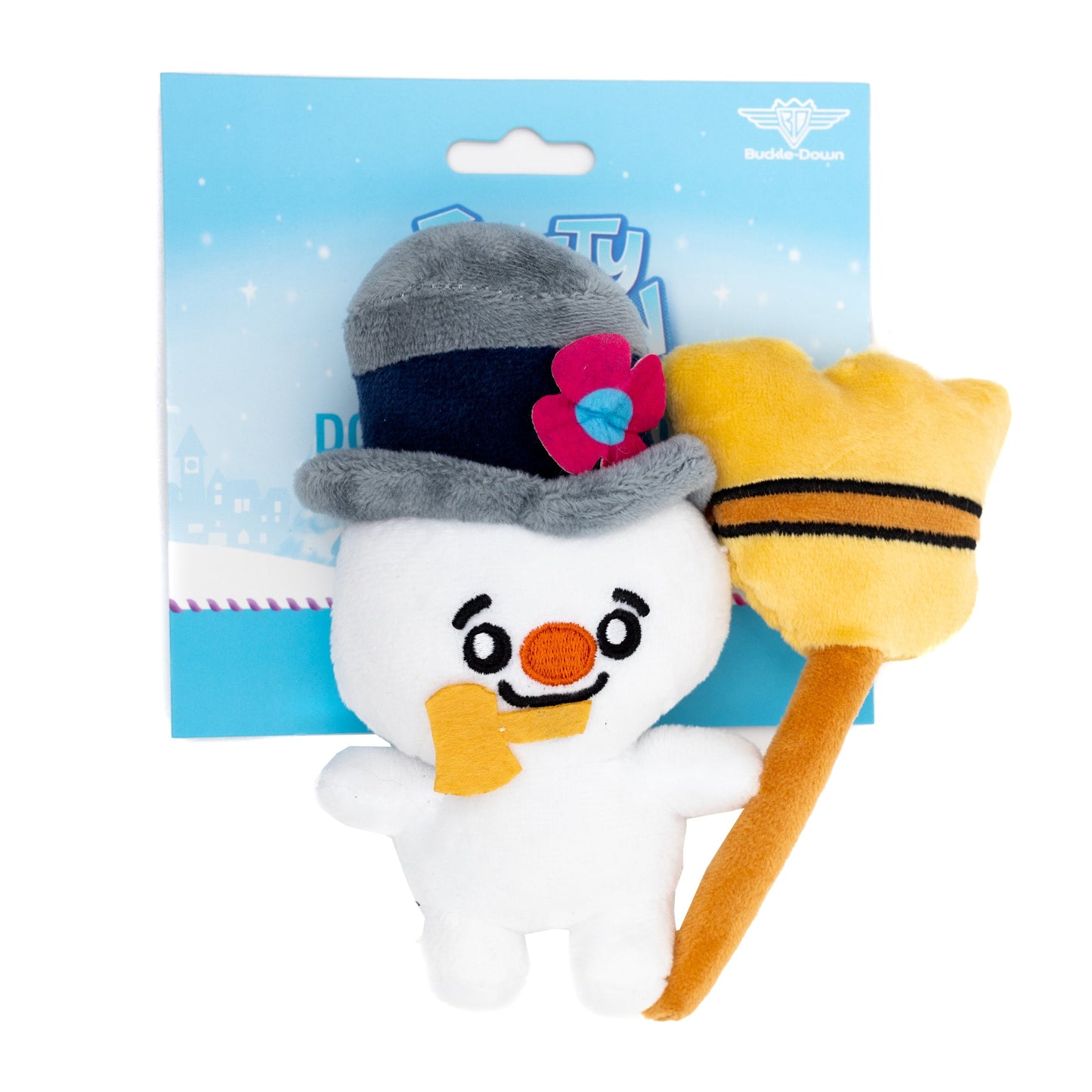 Dog Toy Squeaker Plush - Frosty the Snowman with Broom Full Body Pose